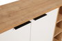 Hanah Home Consola Roble, Blanco. Fabricada 100% en tablero de partículas revestido de melamina con patas metálicas. Medidas: 142x83x35.6 cm.